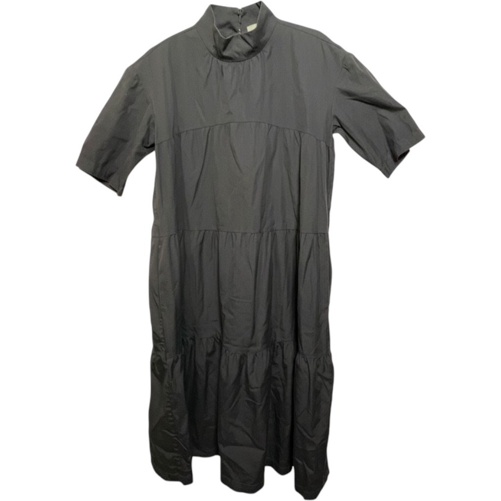 Everlane Womens Dress Cotton Tiered Mock Neck Midi S Black Short Sleeve Babydoll